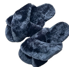 Womens Faux Fur Slide Slippers Black Size 38/39 Criss Cross House Shoes