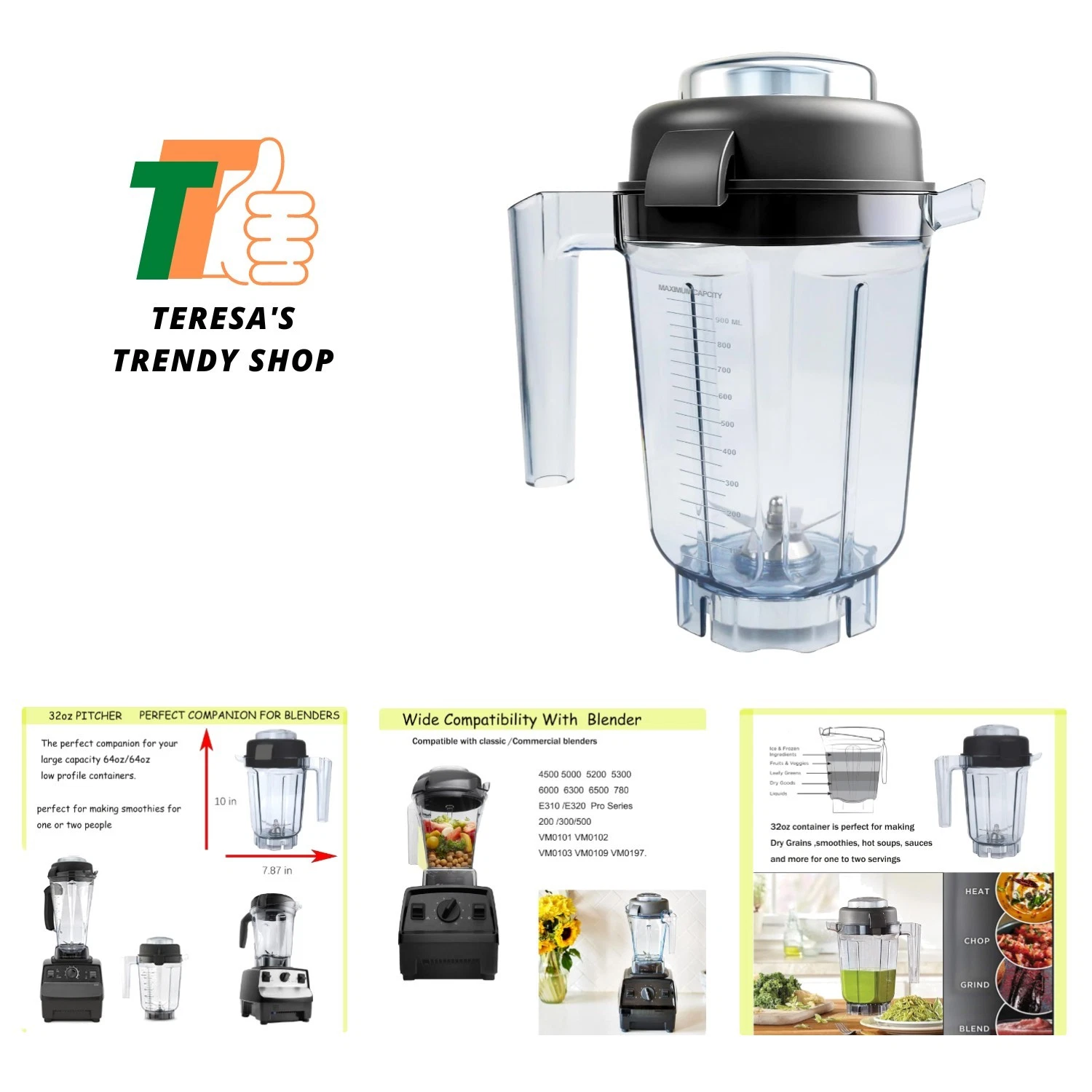 Blender Pitcher 32 oz 0.9L, Compatible with 5200 4500 5000 6300 VM0102 VM0103...