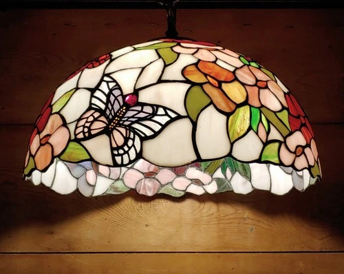 ORIGINAL Dale TIFFANY Vintage, Stained Glass Hanging Light 15"W Butterflies