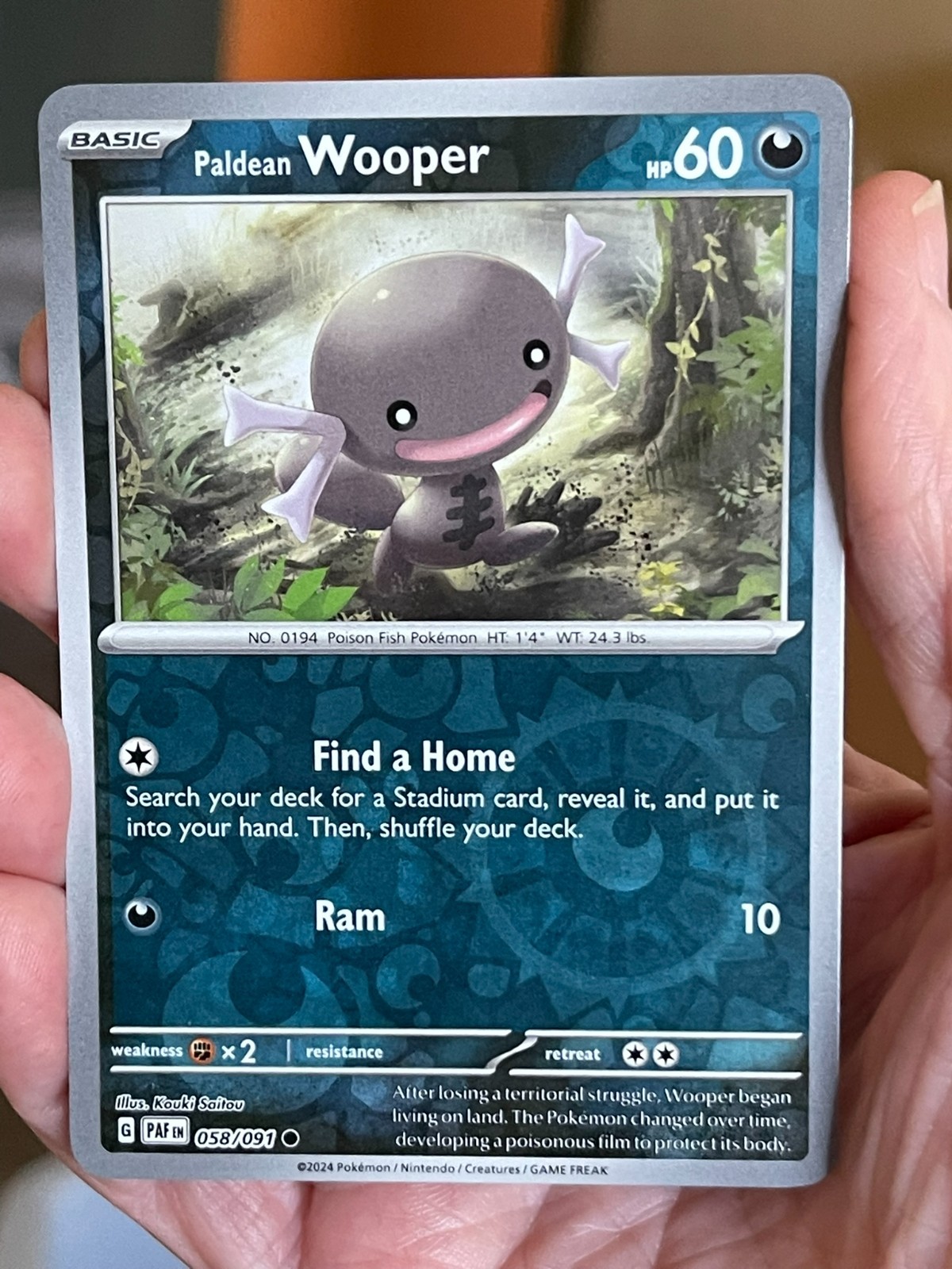 POKEMON PALDEAN WOOPER 058/091 COMMON REVERSE HOLOFOIL PALDEAN FATES NM CARD