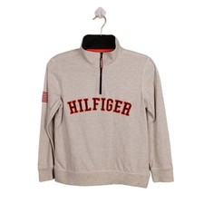 TOMMY HILFIGER Boys Gray M 12-14 Pullover Sweater 1/4 Zip Mock Collar USA Flag
