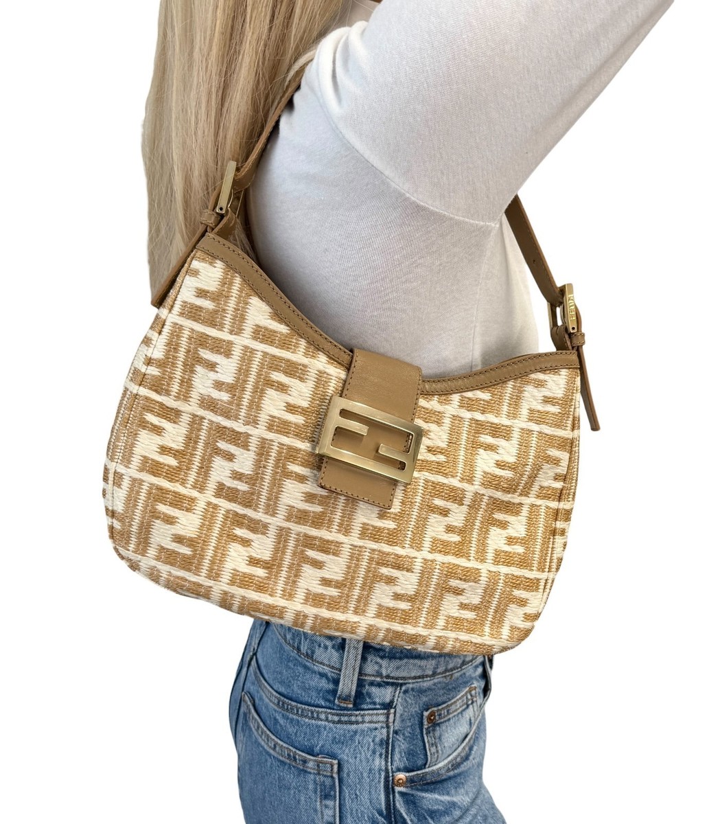 FENDI Vintage FF Logo Zucca Raffia Hobo Shoulder Bag Beige White