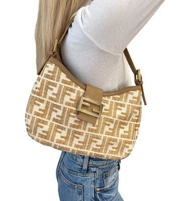 FENDI Vintage FF Logo Zucca Raffia Hobo Shoulder Bag Beige White