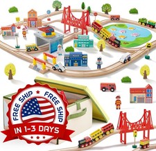 Juego De Tren De Madera De 110 Piezas Con Juego De V as De Tren De Madera NUEVO.