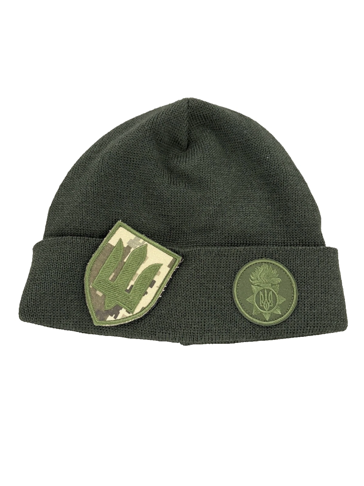 Olive Green cuffed knit beanie with Ukranian military patches
