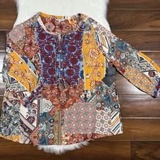 John Mark Women's Size 1X Mixed Print Embroidered Tassel Tie Tunic Top