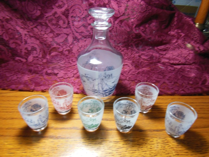 Vintage Luminarc France Liquor Decanter & Multi Color 6 Shot Glass Set Small
