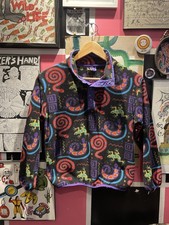 Vintage Kids 90s Black Gecko Print L.L. Bean Fleece Quarter Snap Pullover Sz M