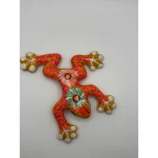 Floral Ceramic Pond Frog Figurine Bright Yellow Pink Hand Painted Garden Decor