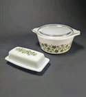 Pyrex Crazy Daisy Spring Blossom Green on White Bowl Lid And Butter Dish
