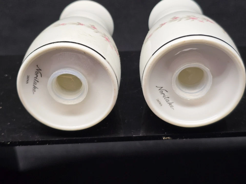 Vintage NORITAKE 3.25" Salt & Pepper Shaker Set ROSEPOINT Floral Platinum Trim - Image 4 of 4