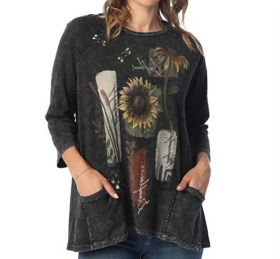 Jess & Jane Collage Mineral Washed Patch Pocket Cotton Top - Plus Black