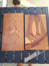 Bild Intarsien Vögel Boote Segelschiffe Holz DDR Kranich Ostalgie Mid Century