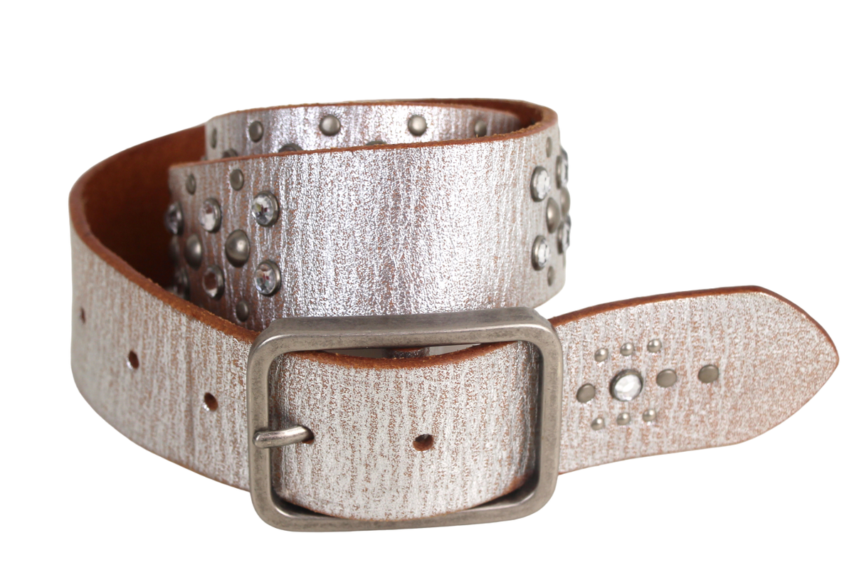 Genuine Leather Silver Studded Belt Buy Black Studded Belt Silver 3 Row Rivets Wide Genuine  main image 2