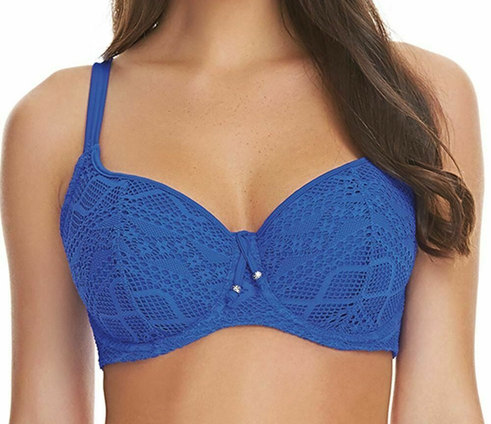 Freya Sundance Bikini Top 32E Blue Crochet Padded Sweetheart Balcony Bra 3970