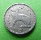 1964 Irish Three Pence Coin Old Ireland 3d Bunny Rabbit