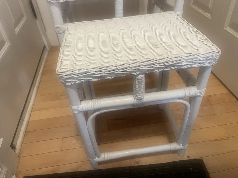 Vintage White Boho Chic Bamboo Rattan and Wicker Nesting Tables - Set of 3 - Image 3 of 4