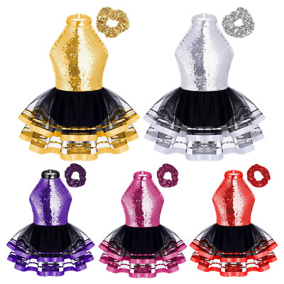 Kids Girls Gymnastic Dancewear Sparkle Ballet Leotards Tutu Dress Dance Outfits