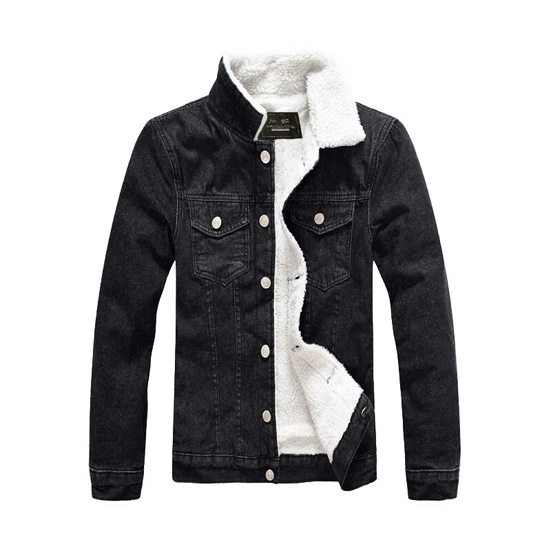 Men's Fleece Lined Winter Warm Fur Collar Coat Trucker Denim Jean Jacket Outwear - Image 4 of 4
