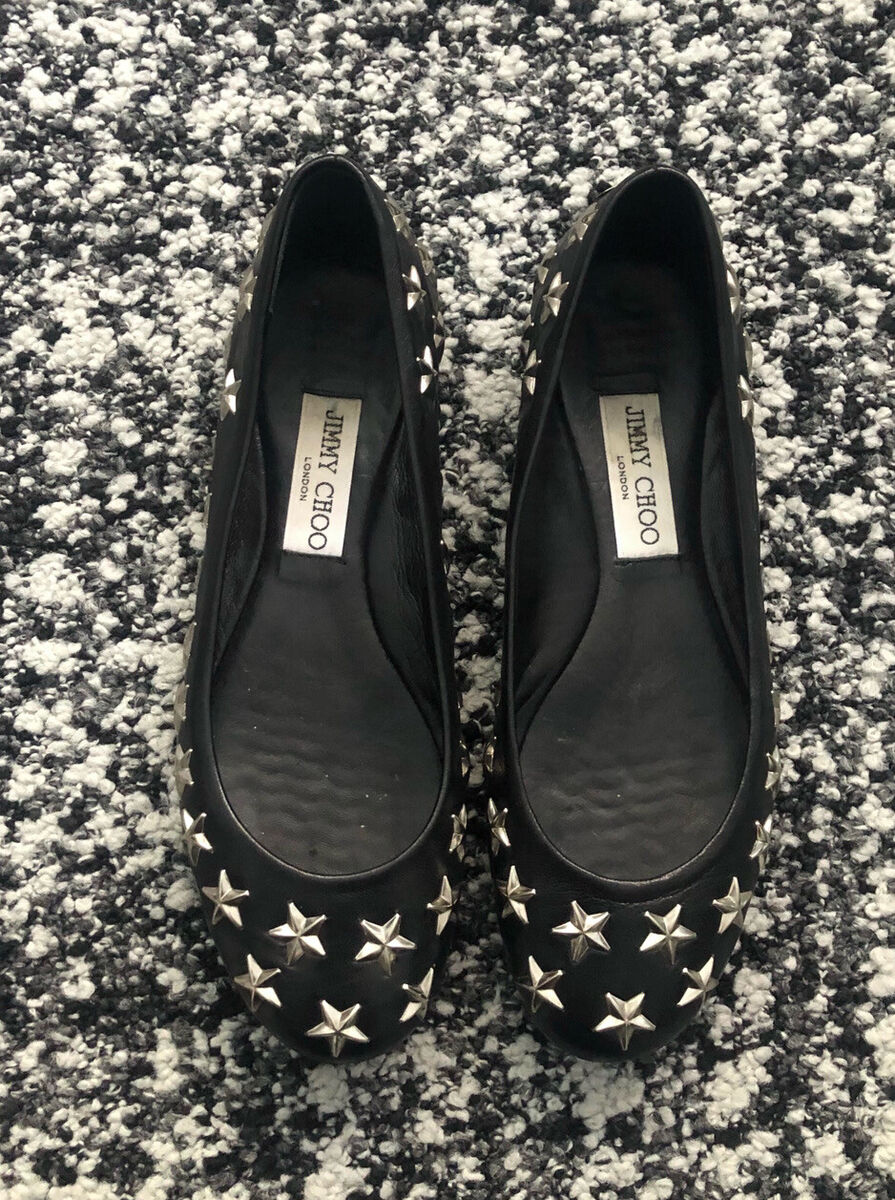Jimmy Choo Ballet Flat SZ 37 7 6.5 BLK Leather Silver Star Jimmy Choo Ballet Flat SZ 37 7 6.5 BLK Leather Silver Star