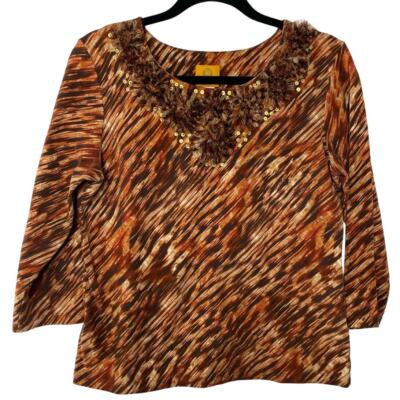 Ruby Rd. Embellished Animal Print 3/4 Sleeve Blouse Top Brown/Orange Women's M