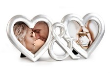NEW - Silver Heart  Heart Wooden Picture Frame - 4 x 4 Double Heart Wedding