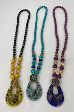 Women's Long Chunky Beaded Handmade Statement Necklace w/Tear Drop Shape Pendant