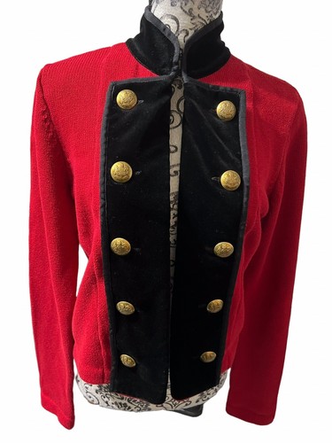 LRL RALPH LAUREN Damenpullover klein rot & schwarz vorne offen Militärstil