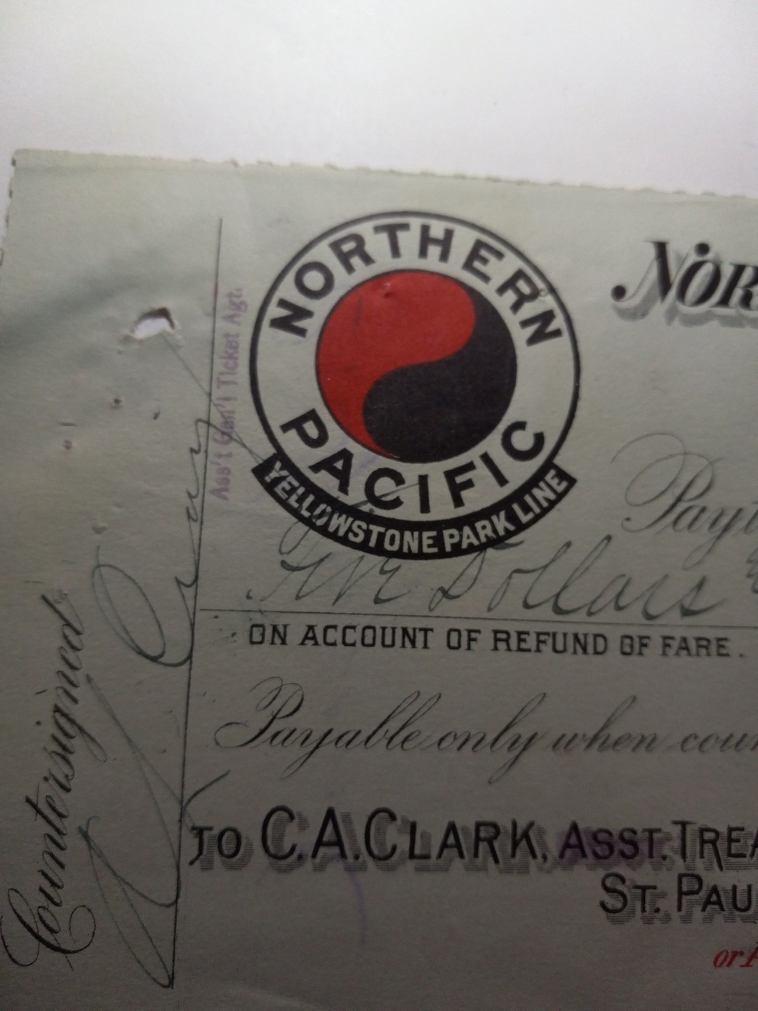 Vintage YIN-YANG Logo 1898 NORTHERN PACIFIC Railway Co.  Bank Check AWESOME 