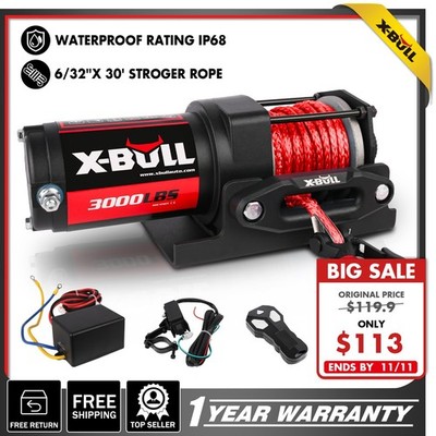 X-BULL Electric Winch 3000lbs Synthetic Rope Remote Wireless Control 12V ATV UTV