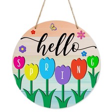 Hello Spring Sign for Front Door Decor, Colorful Flowers Wood Hanging Sign fo...