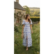 Boohoo Blue White Floral Puff Sleeve Maxi Dress Size US 6 Milkmaid Cottage