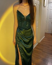 Green Sequin Beaded Satin Strapless Sweetheart Long Slit Gown Dress