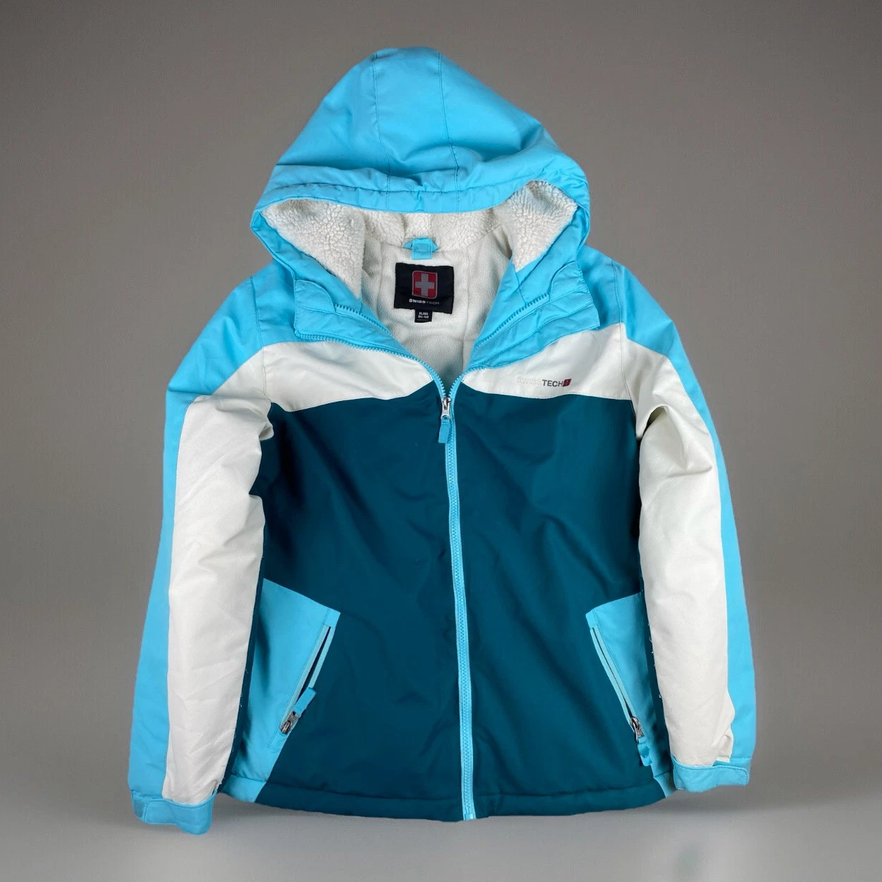Swiss Tech Teal & White Full Zip Hooded Jacket Coat Kids Unisex Size 14/16