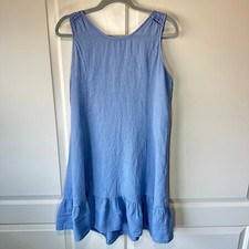 Terzo Millennio Italy Linen Dress Blue Sleeveless Ruffle Hem Tie Back Womens M