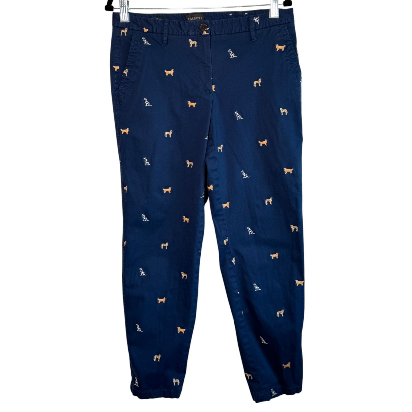 Talbots Womens Embroidered Dog Show Relaxed Chinos Navy Size 6 Cottage Preppy