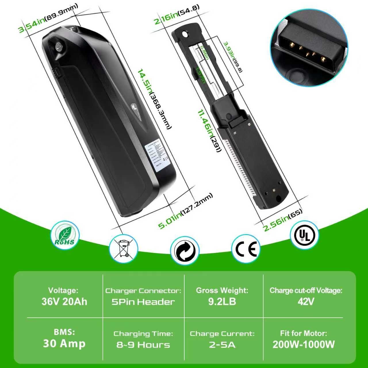52V 48V 36V 10Ah/13Ah/15Ah/20Ah Ebike Lithium Battery For 200W-1800W Motor