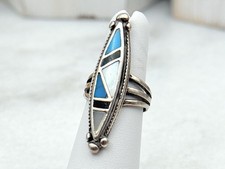 Vintage Navajo Turquoise Onyx Mother of Pearl Inlay Sterling Silver Ring Size 5