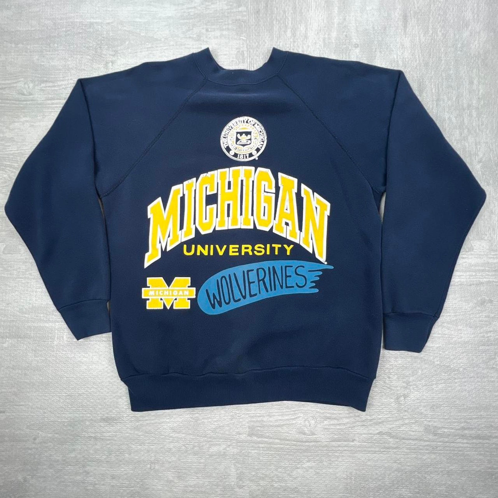 Vintage 80s Michigan Wolverines Sweatshirt Size: Large Blue Yellow NCAA College