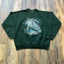 Vintage 90s Winter Kitty Cat Graphic Raglan FOTL Women s Sweatshirt Green M USA