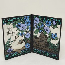 VINTAGE 1981 YORKRAFT LOVE ONE ANOTHER 2 CATS STAINED GLASS SUNCATCHER PANEL