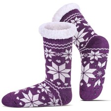 Slipper Socks for Women Fuzzy Non Slip Winter Thick Warm Soft Snowflake Purple