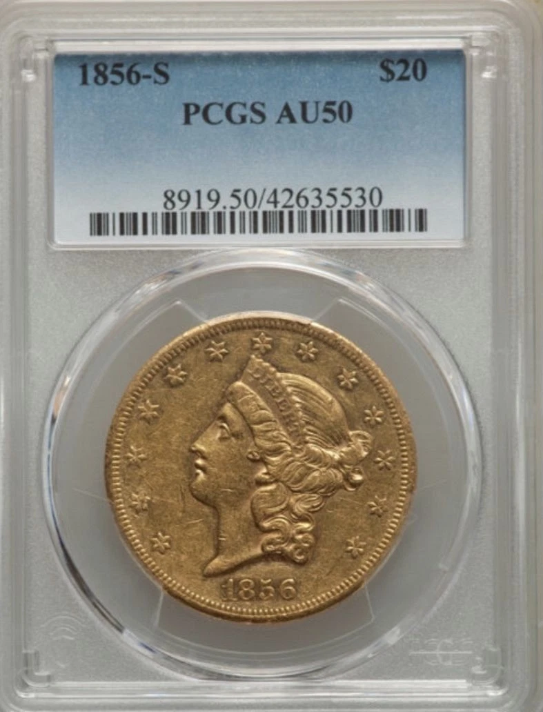 1856 S $20 GOLD LIBERTY HEAD DOUBLE EAGLE PCGS AU 50