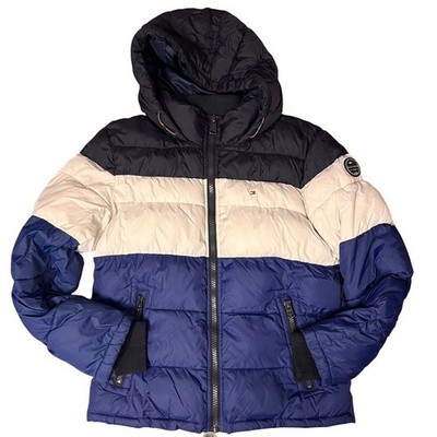 Tommy Hilfiger Puffer Jacket Mens M Full Zip Hooded Striped Color Block Coat
