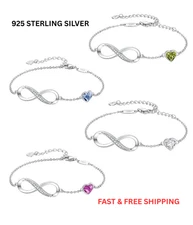 Infinity Heart Birthstone Charm Link Bracelet for Women 925 Sterling Silver