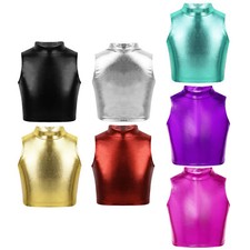 Kids Metallic Crop Tops Dance-wear Athletic Dance Sports Active Vest Active-wear