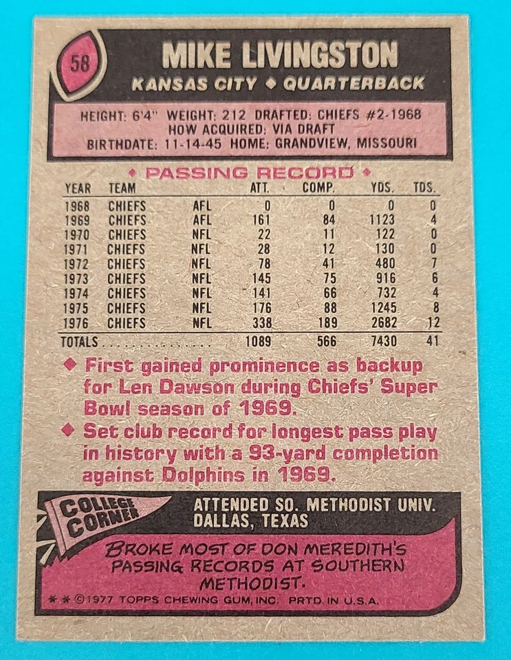 1977 Topps #58 Mike Livingston Kansas City Chiefs FOOTBALL Card J8 - Image 2 of 2