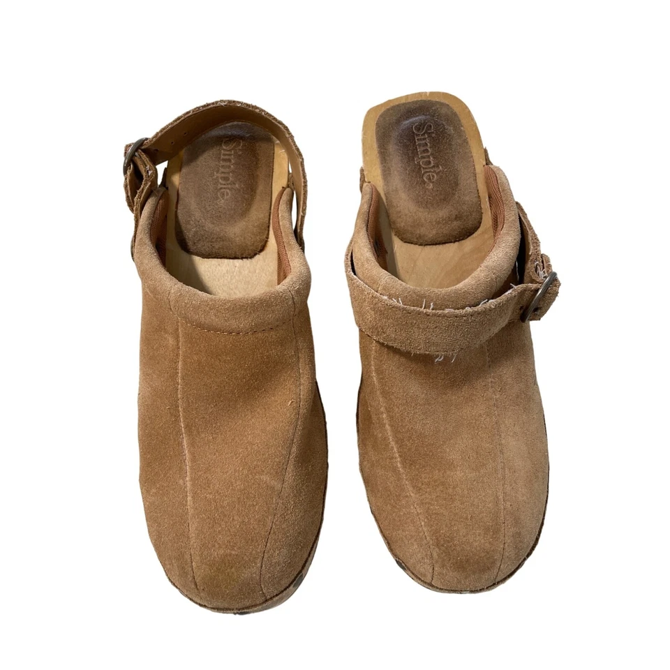 Zuecos de mula simples de gamuza de cuero para mujer 8 puntera redonda tostado camel boho informales preppy Foto 2 de 4