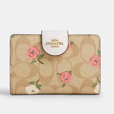 NWT Coach Medium Corner Zip Wallet In Signature Canvas With Floral