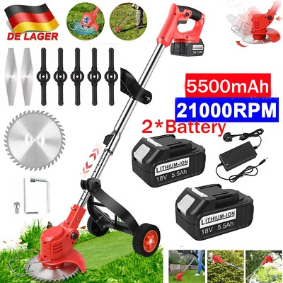 Akku Rasentrimmer mit 2x 5500mAh Akku und Ladegerät Freischneider Motorsense DE